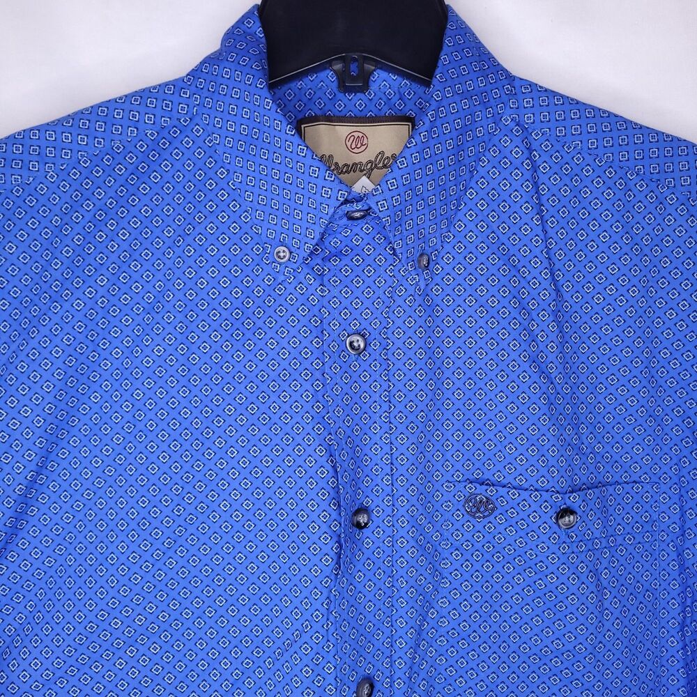 Wrangler Shirt Mens Medium Blue Diamond Print Short Sleeve Western Cowboy